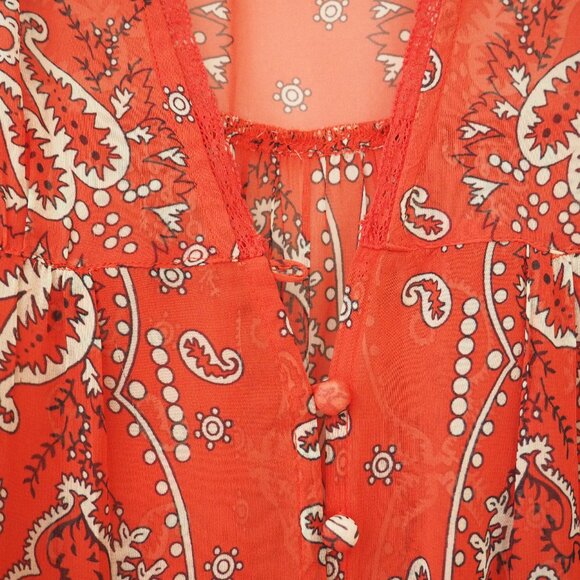 Sundance Red Short Sleeve Brieia Bandana Western Print Sheer Dress - Picture 5 of 8